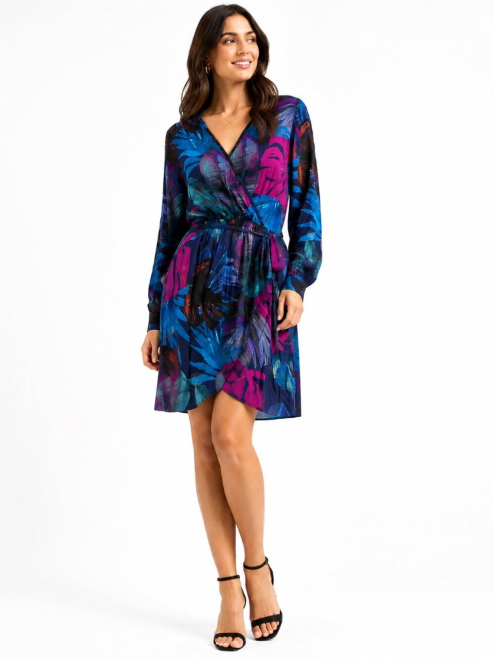 Karen Kane Majestic Magenta Faux Wrap Long Sleeve Print Dress NWT Size S